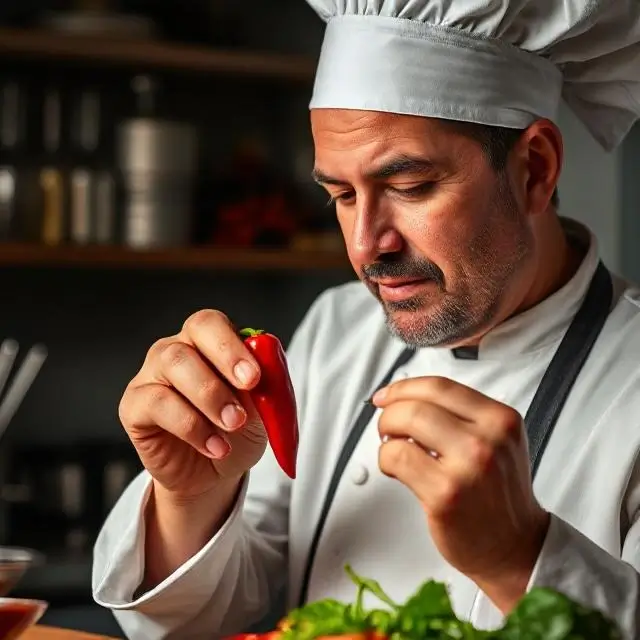 A chef carefully inspecting a red chili pepper.