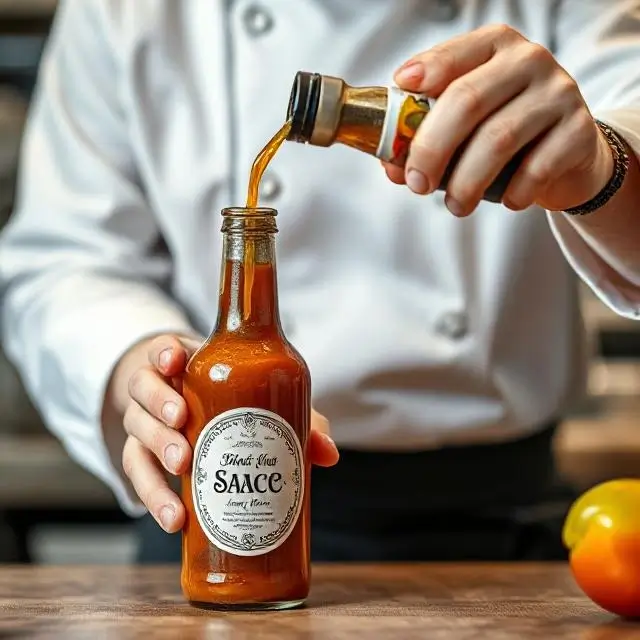A chef carefully pouring a unique sauce into a bottle with a custom label.