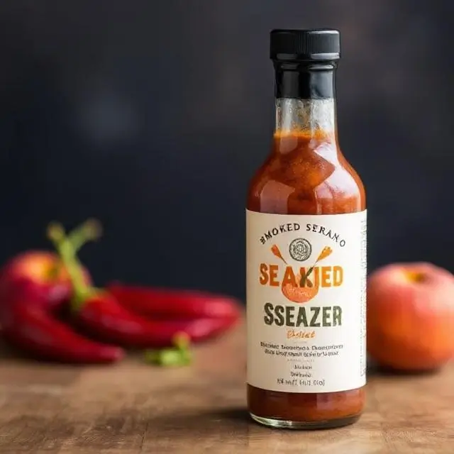 A bottle of Smoked Serrano & Peach Blaze sauce.