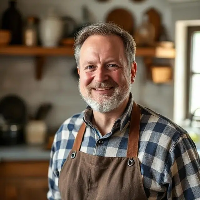 A portrait of founder Julian Vance, smiling in a rustic kitchen setting.