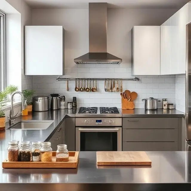 A modern, clean test kitchen with stainless steel counters and various spices.