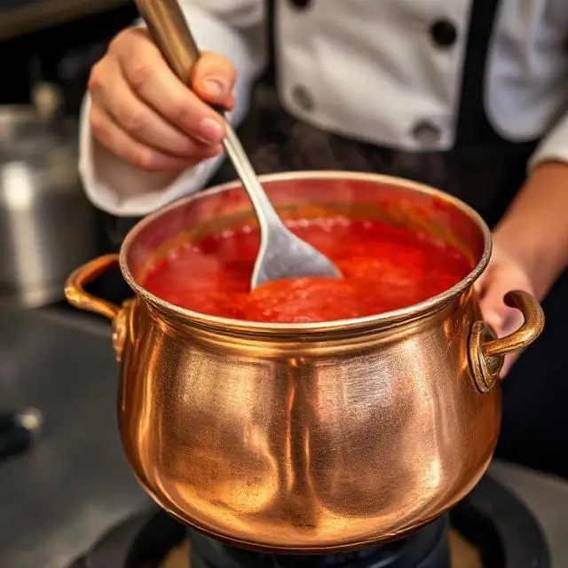 A copper kettle filled with simmering red sauce being stirred by a chef.
