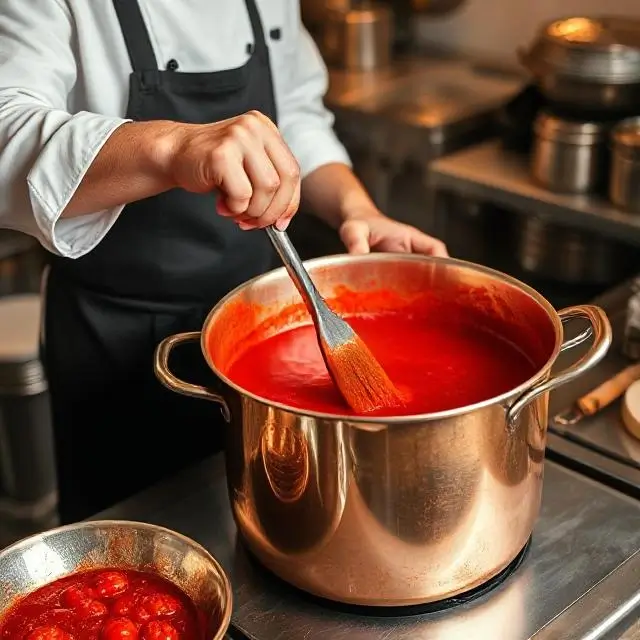A chef stirring a large copper pot of red sauce.