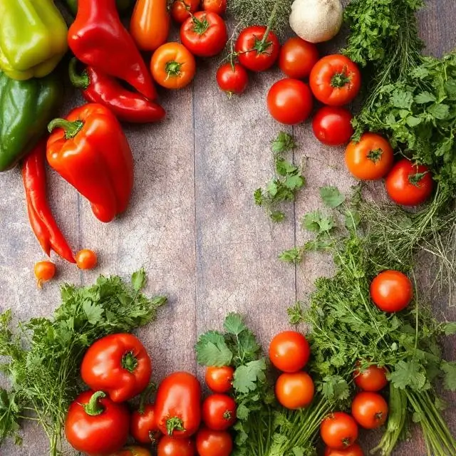 A table covered in fresh ingredients like peppers, tomatoes, and herbs.