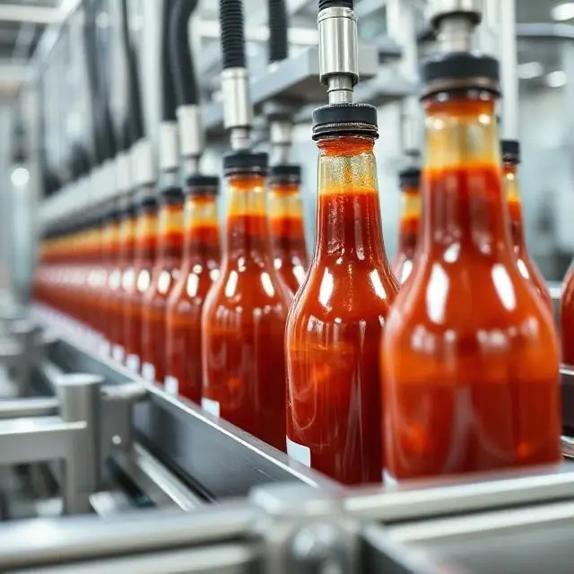 Bottles of sauce moving along a clean, modern bottling line.