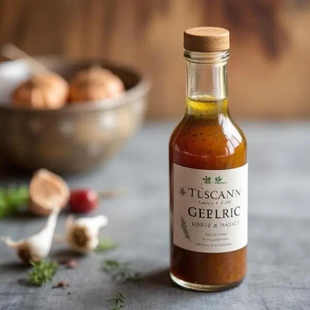 A bottle of Tuscan Herb & Garlic Infusion sauce.