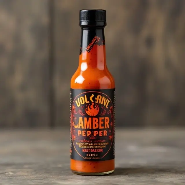 A bottle of Volcanic Ember Ghost Pepper sauce.