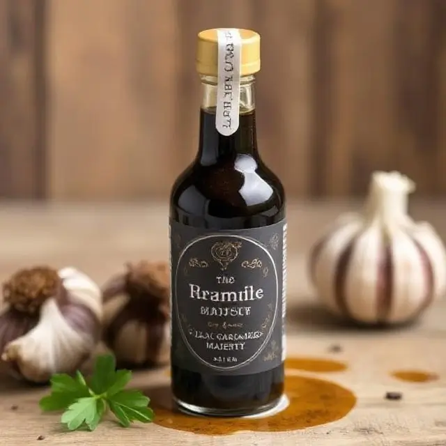 A bottle of Black Garlic & Truffle Majesty sauce.