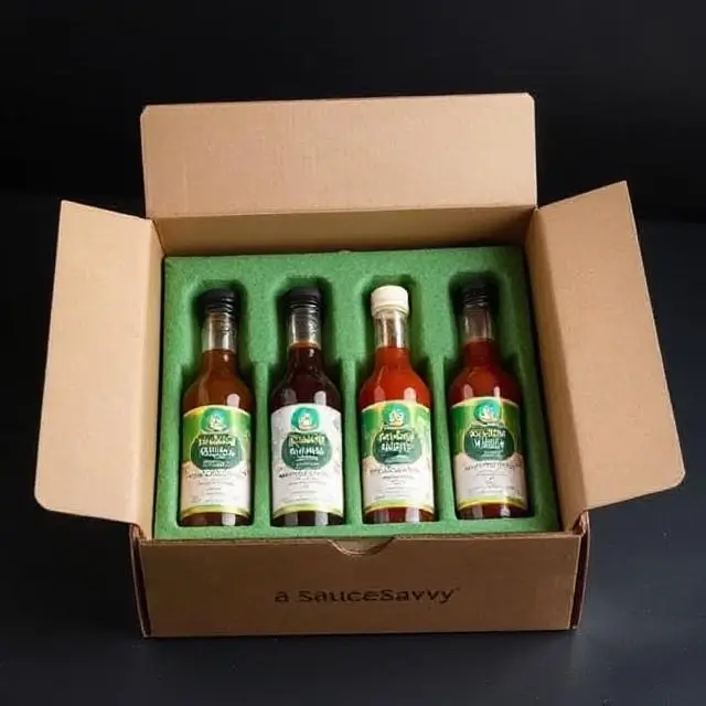 A SauceSavvy box open, showing eco-friendly inserts securely holding sauce bottles.