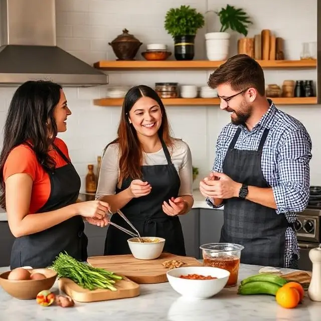 The SauceSavvy founding team passionately discussing new recipes in their kitchen.